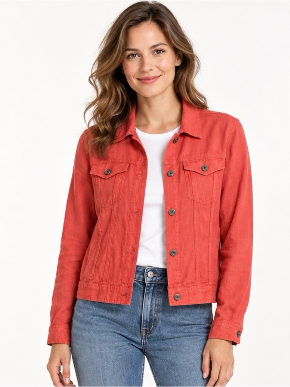JNY Jones New York Coral Red 100% Linen Trucker Jacket Women’s M